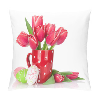 Personality  Red Tulip Flowers Bouquet And Easter Eggs. Easter Greeting Card. Isolated On White Background Pillow Covers