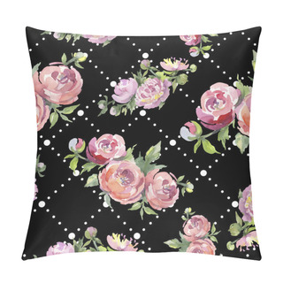 Personality  Peonies With Green Leaves On Black Background. Watercolor Illustration Set. Seamless Background Pattern. Pillow Covers
