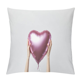 Personality  Cropped View Of Girl Holding Heart-shaped Pink Air Balloon Isolated On White Pillow Covers