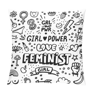 Personality  Feminism Symbols Icon Set. Feminist Movement, Protest, Girl Power. Black And White Vector Illustration. Pillow Covers