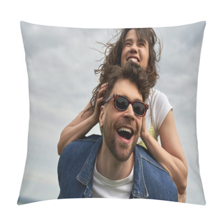 Personality  Cheerful Brunette Woman Piggybacking On Stylish Boyfriend In Sunglasses And Denim Vest And Having Fun Together With Cloudy Sky At Background, Countryside Adventure And Love Story Pillow Covers