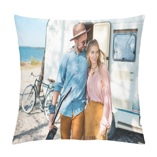 Personality  Hippie Girl And Man Hugging And Walking With Guitar Near Trailer Pillow Covers