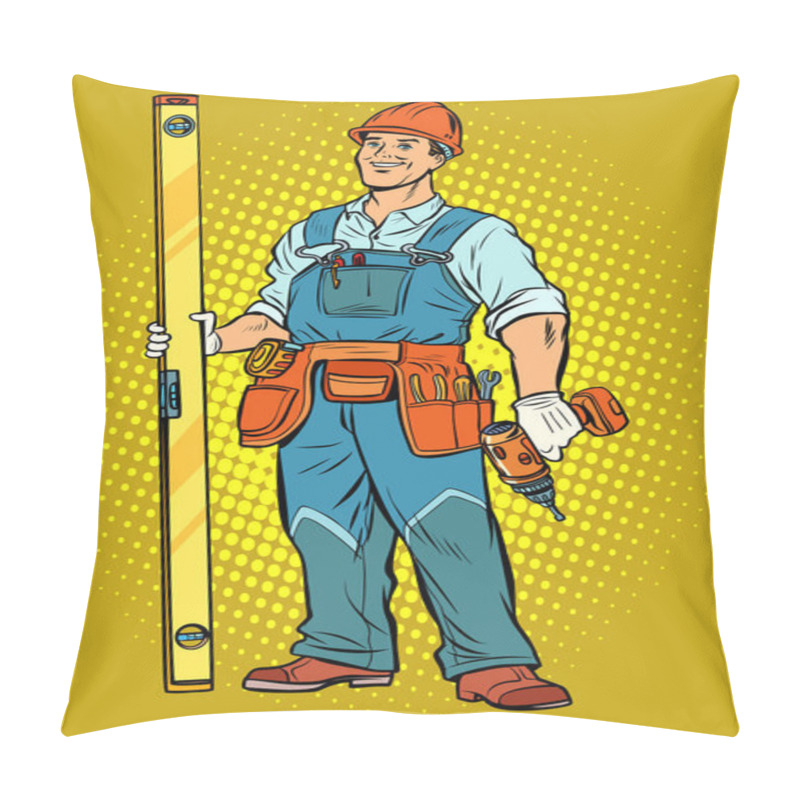Personality  working with a drill, home repair. Pop art retro vector illustration vintage kitsch pillow covers