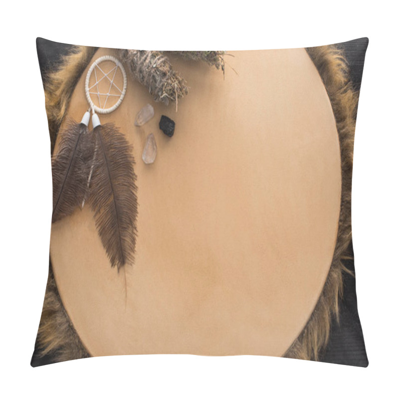 Personality  Top view of smudge sticks, crystals and dreamcatcher on tambourine on dark wooden background pillow covers