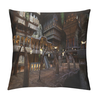 Personality  Huge Fantasy Cavern Home Of The Dwarfs Built Deep In A Mountain And Lit By Fire Troches. 3D Render. Pillow Covers