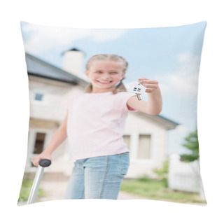 Personality  Smiling Child With On Kick Scooter Holding Key With Trinket Near New House  Pillow Covers