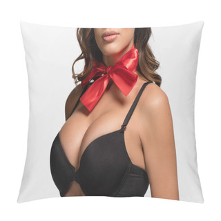 Personality  Partial View Of Sexy Girl With Big Breasts And Red Bow On Neck Posing Isolated On White Pillow Covers
