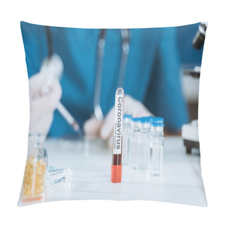 Personality  Selective Focus Of Test Tube With Coronavirus Inscription Near Scientist And Glass Containers With Medicines Pillow Covers