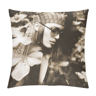 Personality  Double Exposure Portrait Of A Beautiful Hippie Girl And Flowers Pillow Covers
