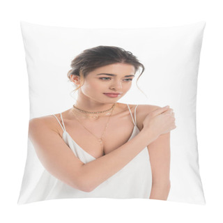 Personality  Charming Fiancee Touching Shoulder While Posing Isolated On White Pillow Covers
