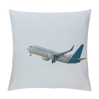 Personality  Low Angle View Of Jet Plane Taking Off In Cloudy Sky Pillow Covers