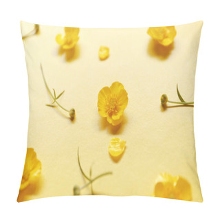 Personality  Small Yellow Buttercup Flowers On A Bright Yellow Background. Floral, Repeating Pattern, Decorative Ornament Pillow Covers