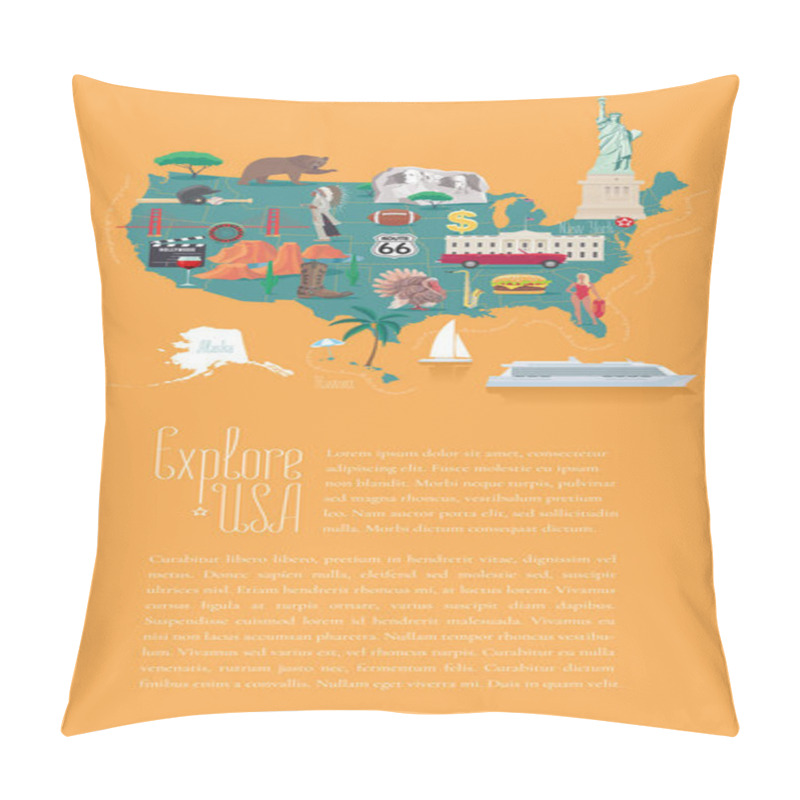 Personality  Map of USA vector illustration, design. Icons with American landmarks, statue of liberty, hollywood, Indian. Explore United States of America template article pillow covers