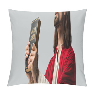 Personality  Panoramic Shot Of Jesus Holding Holy Bible Isolated On Grey  Pillow Covers