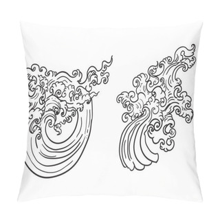 Personality  Line Thai Wave Tattoo.Japanese Wave Vector Set And Thai Style.Outline Japanese Wave Dawn From Line Thai Style.Thai Water Wave Isolate On White Background. Pillow Covers