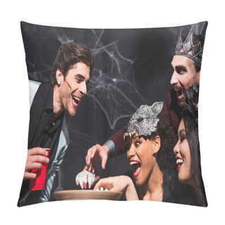 Personality  Astonished Multiethnic Friends Eating Popcorn During Halloween Party On Black Pillow Covers