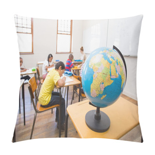 Personality  Cute Pupils And Teacher In Classroom With Globe Pillow Covers
