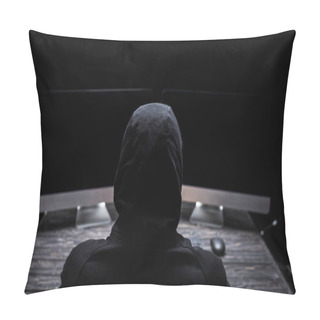 Personality  Back View Of Hooded Hacker Sitting Near Computer Monitors With Blank Screen Isolated On Black  Pillow Covers