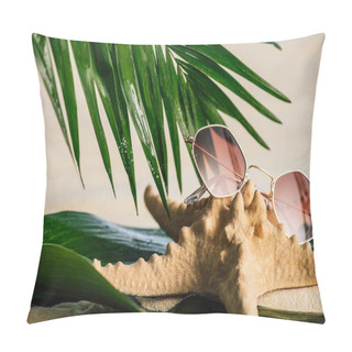 Personality  Sunglasses, Starfish And Palm Leaves On Sandy Beach Pillow Covers