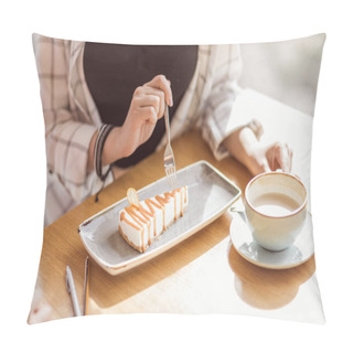 Personality  Woman Eating Sweet Dessert In Cafe Pillow Covers