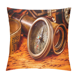 Personality Vintage Compass Lies On An Ancient World Map. Pillow Covers