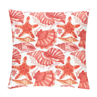 Personality  Marine Background With Seashells, Starfishes And Corals. Watercolor Seamless Pattern. Perfect For Creating Fabrics, Textile, Decoupage, Wallpapers, Print, Gift Wrapping Paper, Invitations, Textile. Pillow Covers