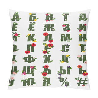 Personality  Cyrillic Letters From Russian Alphabet Made Of Green Grass With Fresh Leaves And Blooming Flowers Isolated On White Pillow Covers