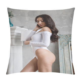 Personality  Studio Portrait Of Beautiful Brunette Woman Wearing White Clothes. Charming Beauty Model Posing At Apartments Interior   Pillow Covers