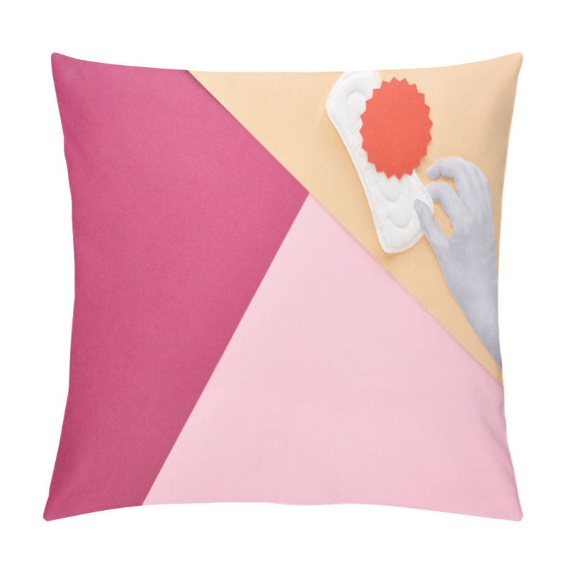 Personality  Top View Of White Hand With Sanitary Towel And Red Card On Pink, Purple And Beige Background Pillow Covers