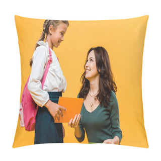 Personality  Attractive Mother Giving Book To Happy Schoolgirl Isolated On Orange  Pillow Covers
