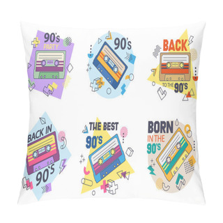 Personality  Cartoon Retro Cassette Tape, 80s Music Party Badges. Flat Audio And Stereo, Music Audiocassette, 90s Pop Culture Song Tape Vector Symbols Illustration Set. Analogue Player Old Tape Stickers Pillow Covers