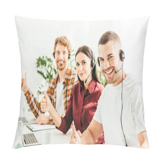 Personality  Selective Focus Of Happy Broker Showing Thumb Up Near Coworkers In Office  Pillow Covers