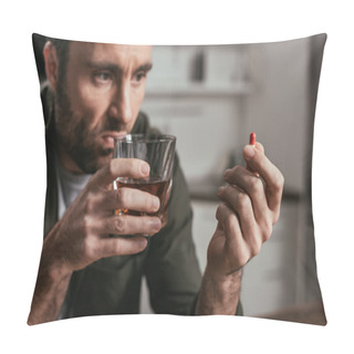 Personality  Selective Focus Of Man With Alcohol Depended Holding Whiskey Glass And Pill Pillow Covers