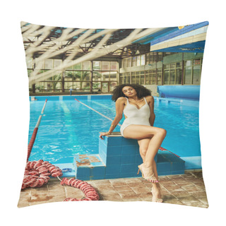 Personality  Curly And Young African American Woman In Elegant Swimwear And High Heels Sitting By Swimming Pool Pillow Covers