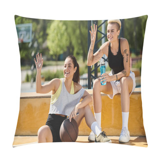 Personality  A Serene Moment Captured Outdoors As Two Young Women Sit On The Ground, Sharing A Basketball In A Display Of Athletic Camaraderie. Pillow Covers