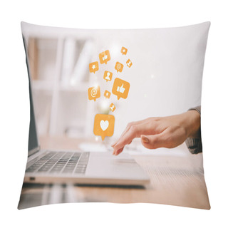 Personality  Cropped View Of Businesswoman Typing On Laptop At Workplace With Multimedia Icons Pillow Covers