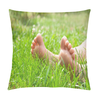 Personality  Child Sitting Barefoot On Green Grass Outdoors, Closeup Pillow Covers