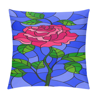 Personality  Illustration In Stained Glass Style Flower Of Pink Rose On A Blue Background Pillow Covers