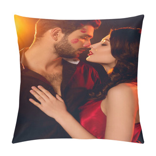 Personality  Beautiful Woman Kissing Handsome Boyfriend With Lipstick Prints On Face On Black Background With Lighting Pillow Covers