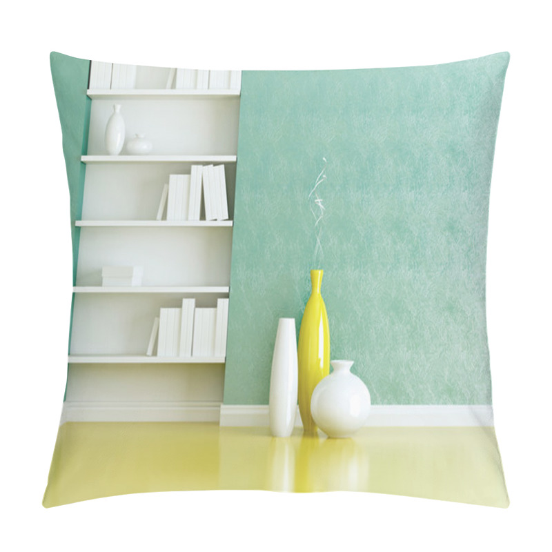 Personality  Interior design scene. Bookshelves and vases indoor. pillow covers