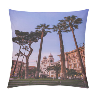 Personality  ROME, ITALY - 10 MARCH 2018: Bottom View Of Palm Trees In Square At Rome In Evening Pillow Covers