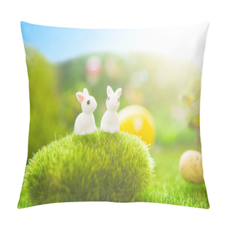 Personality  Happy Easter Concept. Colorful Easter Eggs And Rabbits Toys On Green Grass. Fairy Tale Sunset On The Plastic Green Field With Plastic Grass, Mushrooms And Trees. Fake Grass. Macro. Pillow Covers