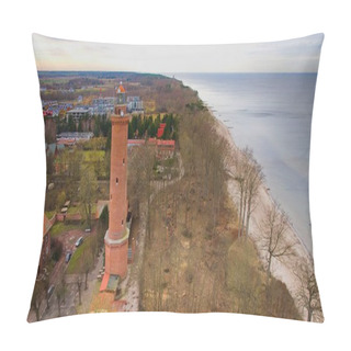 Personality  A Drone Shot Displays Gaski Beach, West Pomeranian Voivodeship, Poland, With A Red Brick Lighthouse, Baltic Sea, Sandy Beach, Leafless Dune Trees, Holiday Cottages, Hotels, And Homes. Possibly Calm Sea. Captured In February Winter. Pillow Covers