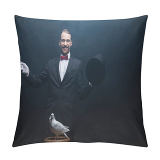 Personality  Happy Magician Showing Trick With Dove, Wand And Hat In Dark Room With Smoke  Pillow Covers