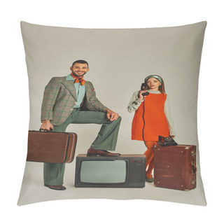Personality  Retro Style Woman Talking On Vintage Phone Near Classic Tv Set And Happy Man With Suitcase On Grey Pillow Covers