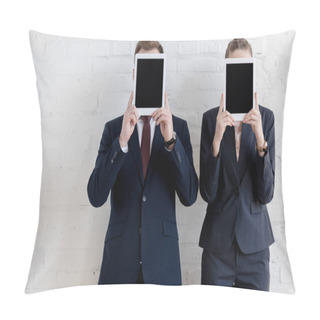 Personality  Businesspeople In Formal Wear Holding Digital Tablets With Blank Screens Pillow Covers