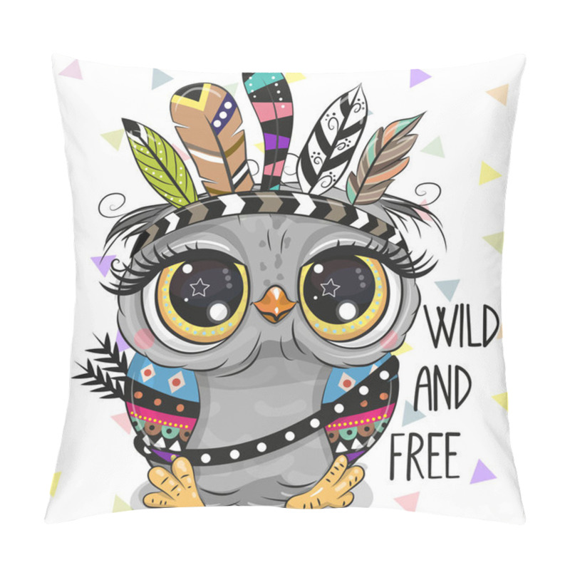 Personality  Cute Cartoon tribal Owl with feathers on a white background pillow covers