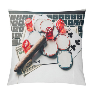 Personality  Laptop With Dice And Gambling Chips On Keyboard Pillow Covers