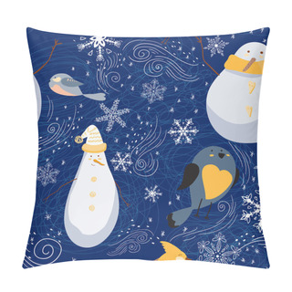 Personality  Seamless Pattern With Snowmen, Birds, Snowflakes Pillow Covers