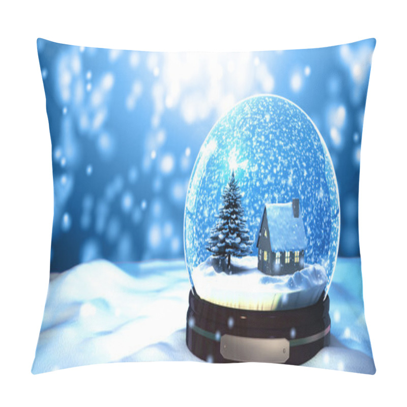 Personality  Christmas Snow Globe Snowflake With Snowfall On Blue Background Pillow Covers